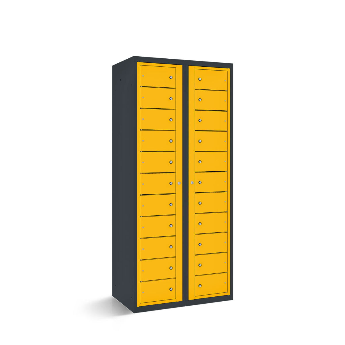 rotstahl Fächerschrank mit Zentraltüren 22 Fächer mit anthrazitgrauem Korpus 80x50x180 cm (BxTxH); gelb