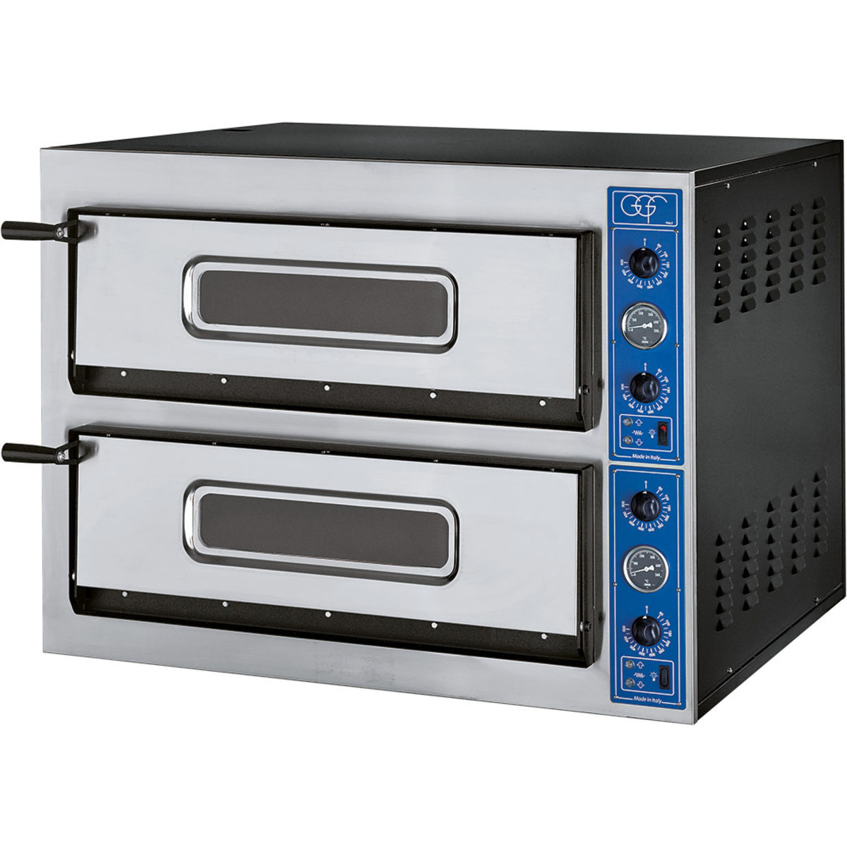 GGF Pizzaofen mit zwei Kammern für 8 Pizzen Ø 300 mm, 8,4 kW 101x85x75 cm (BxTxH); silber/schwarz
