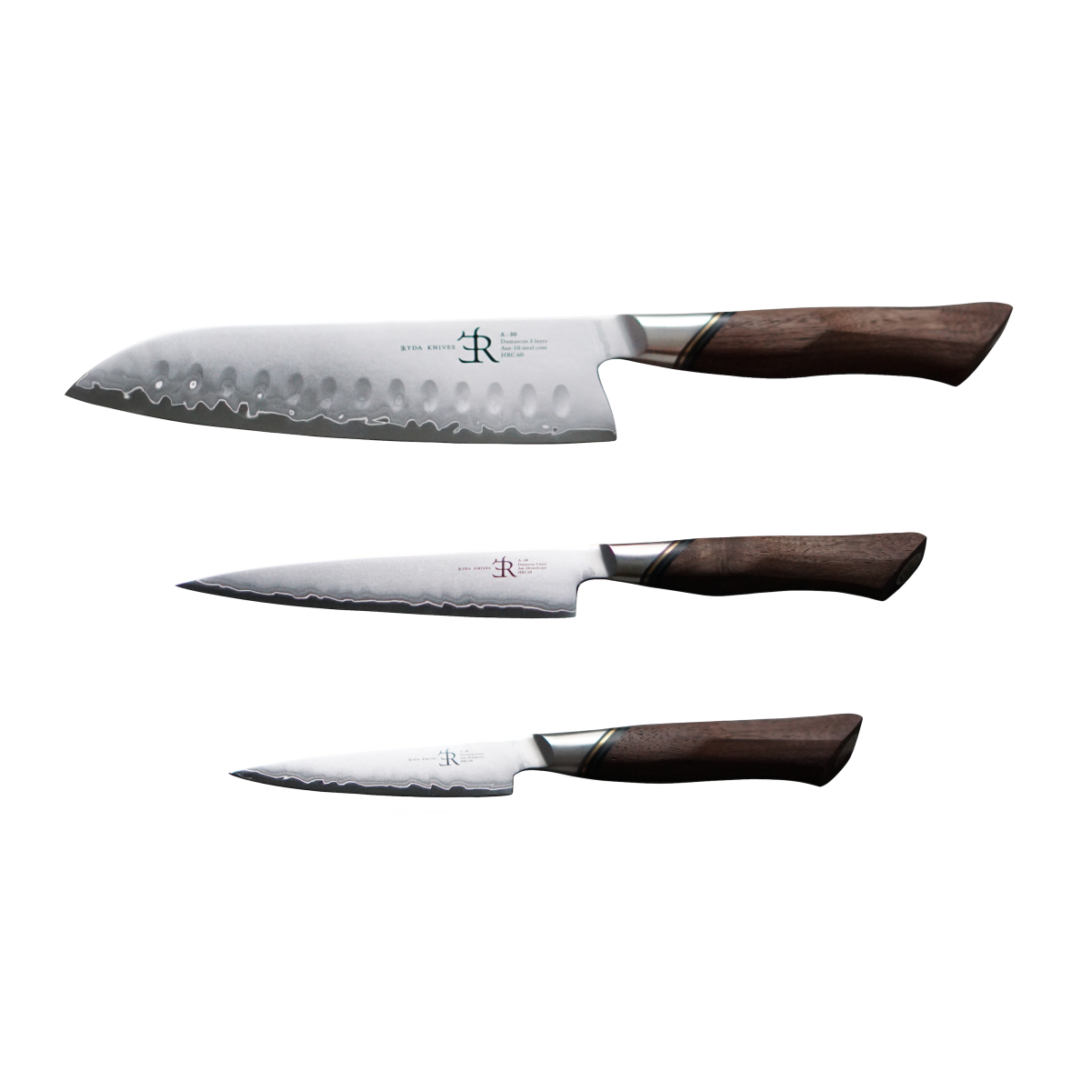 Ryda Knives Kochmesser 3-tlg. Set A30: Santokumesser, Universalmesser, Schälmesser silber/braun