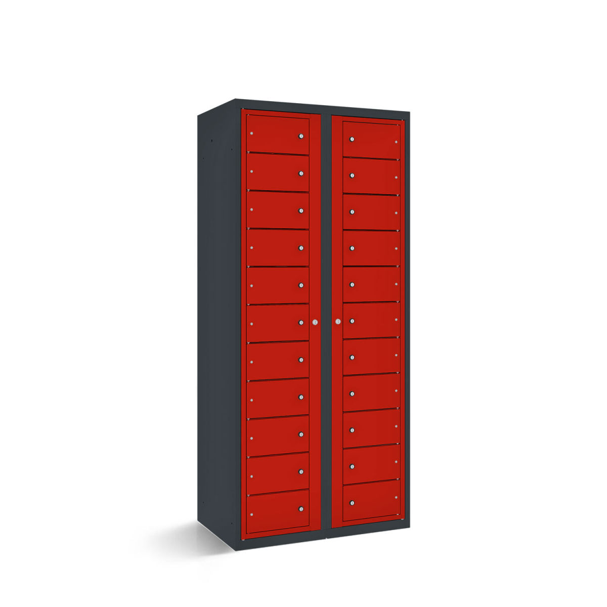rotstahl Fächerschrank mit Zentraltüren 22 Fächer mit anthrazitgrauem Korpus 80x50x180 cm (BxTxH); rot