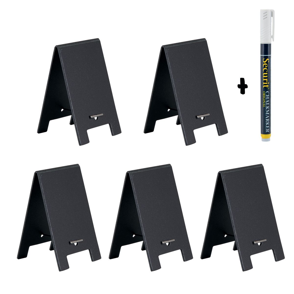 Set di 5 Mini Lavagne da Tavolo su Cavalletto - Nero - Pennarello a gesso e cordino elastico inclusi Securit; 5x8.5 cm (LxH); nero