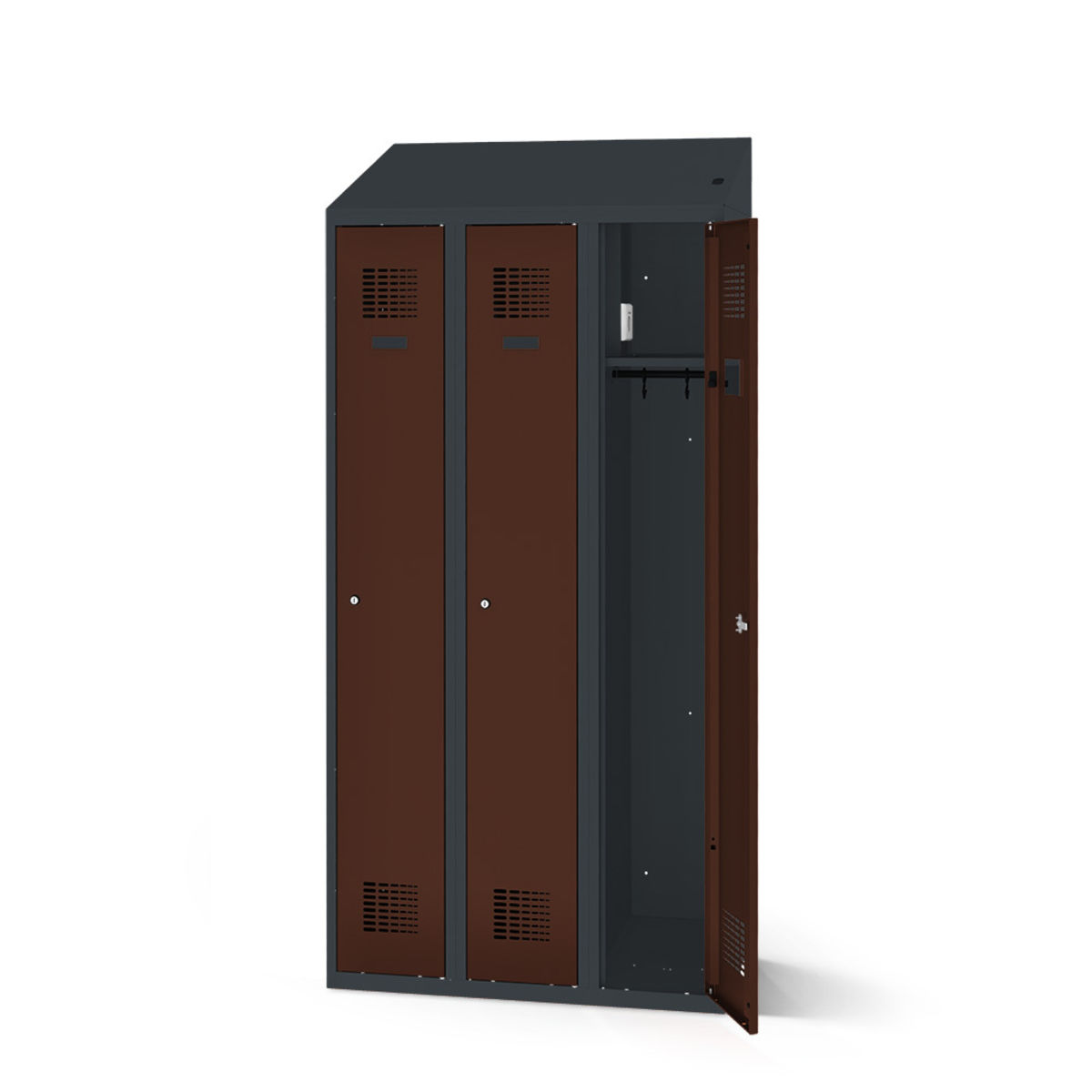 rotstahl Kleiderspind mit Ladefunktion 3 Türen mit anthrazitgrauem Korpus 90x200 cm (BxH); mahagoni
