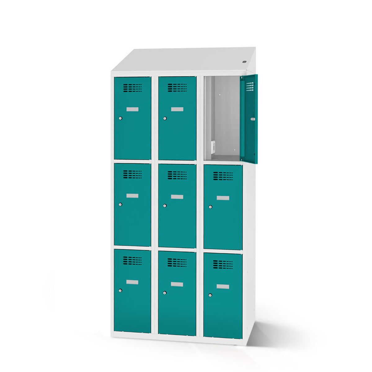 rotstahl Fächerschrank mit Ladefunktion 9 Fächer mit lichtgrauem Korpus 120x200 cm (BxH); türkis