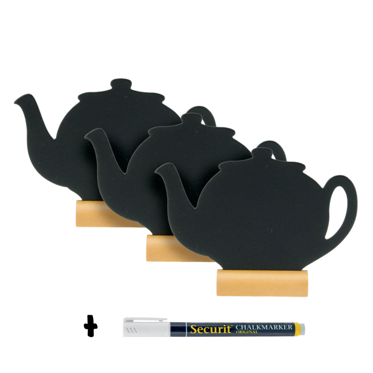 Set di 3 Mini Lavagne da Tavolo - Silhouette Teiera - Base in Legno - Pennarello a Gesso Incluso Securit; 10.5x10 cm (LxH); nero