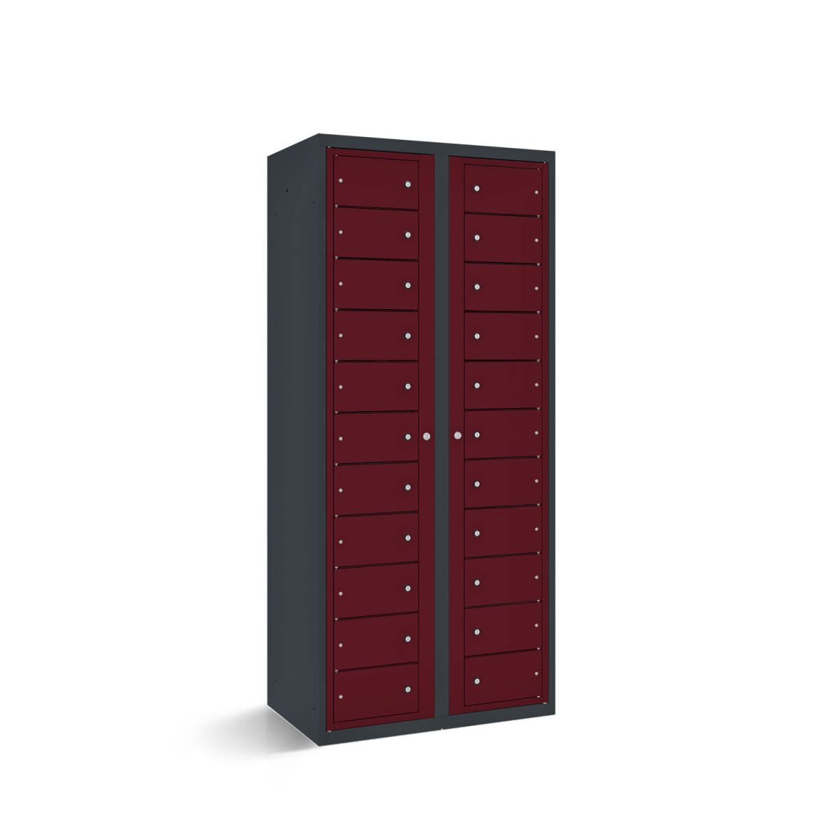 rotstahl Fächerschrank mit Zentraltüren 22 Fächer mit anthrazitgrauem Korpus 80x50x180 cm (BxTxH); bordeaux