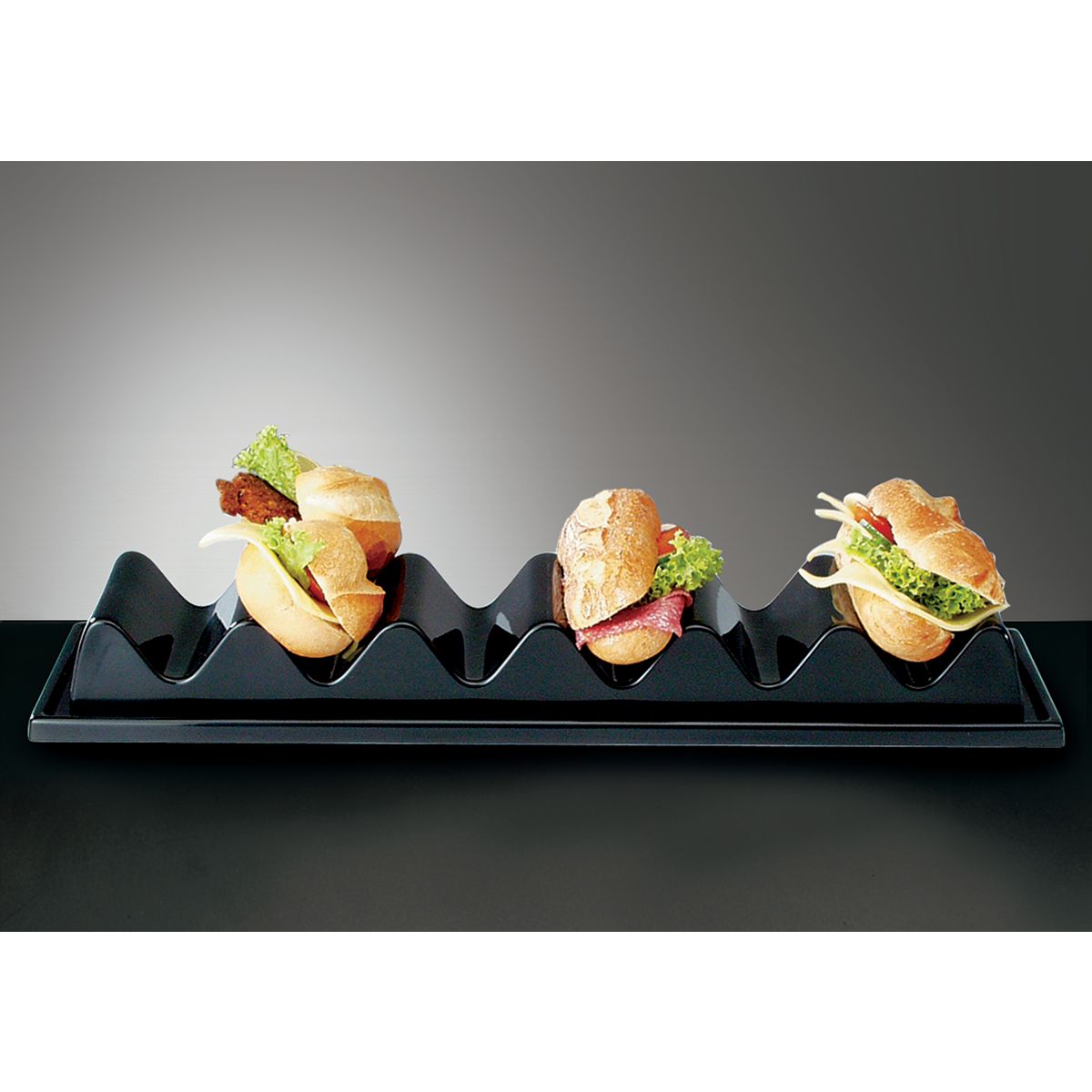 APS Snackpresenter, mit Saftrinne und Griffmulde 29x19x6.5 cm (LxBxH); schwarz; rechteckig