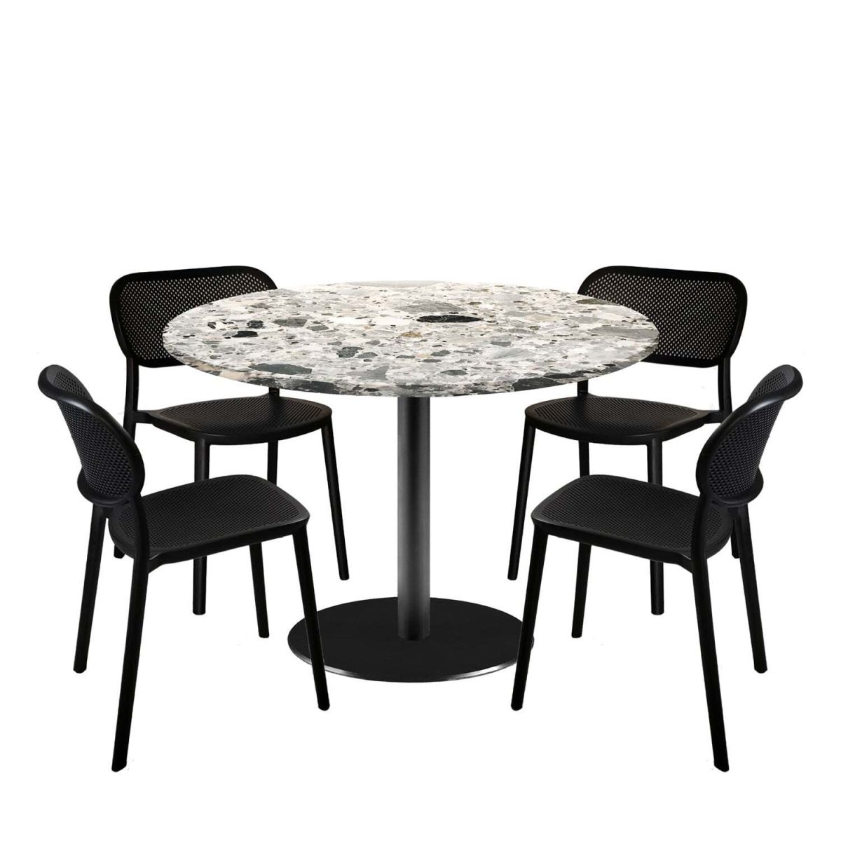 RestooTab Esstisch-Set Rome XL mit 4 Stühlen - Dekor Stein 120x120x75x120 cm (LxBxHxØ); grau/terrazzo; Gestell schwarz; rund