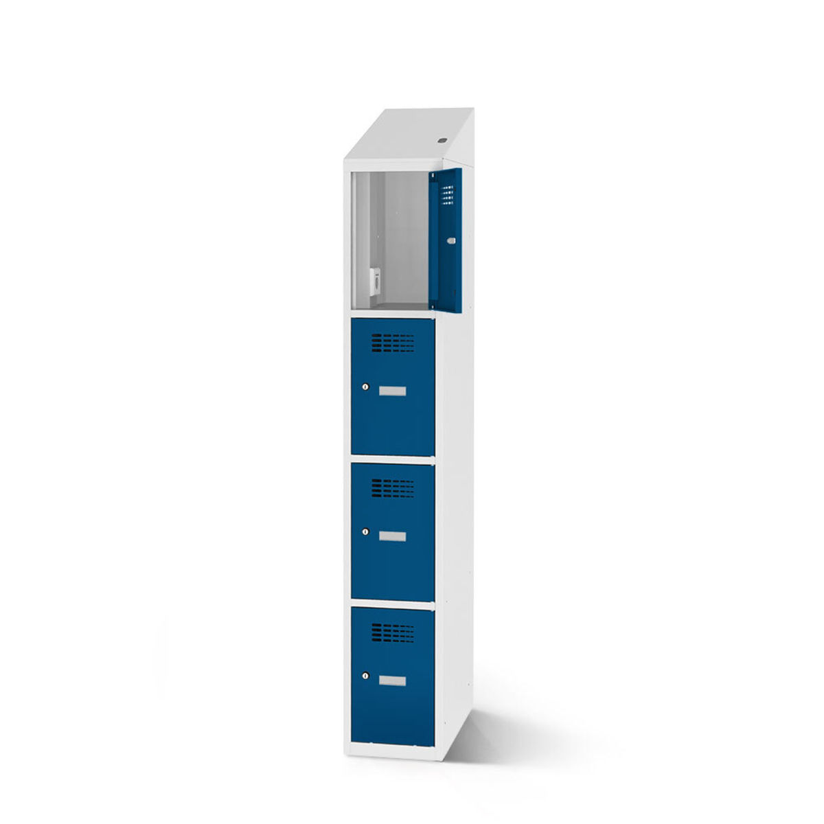rotstahl Fächerschrank mit Ladefunktion 4 Fächer mit lichtgrauem Korpus 40x200 cm (BxH); dunkelblau