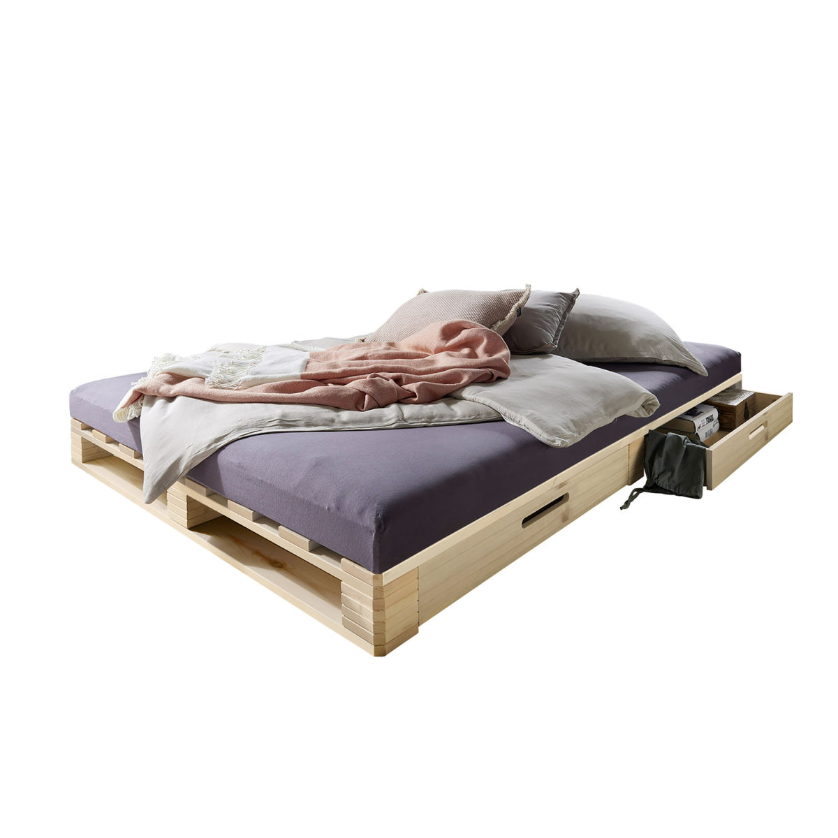 Infantil Infantil Palettenbett mit zwei Schubkästen 140 x 200 cm, Kiefer unbehandelt 140x200x14 cm (BxLxH); natur