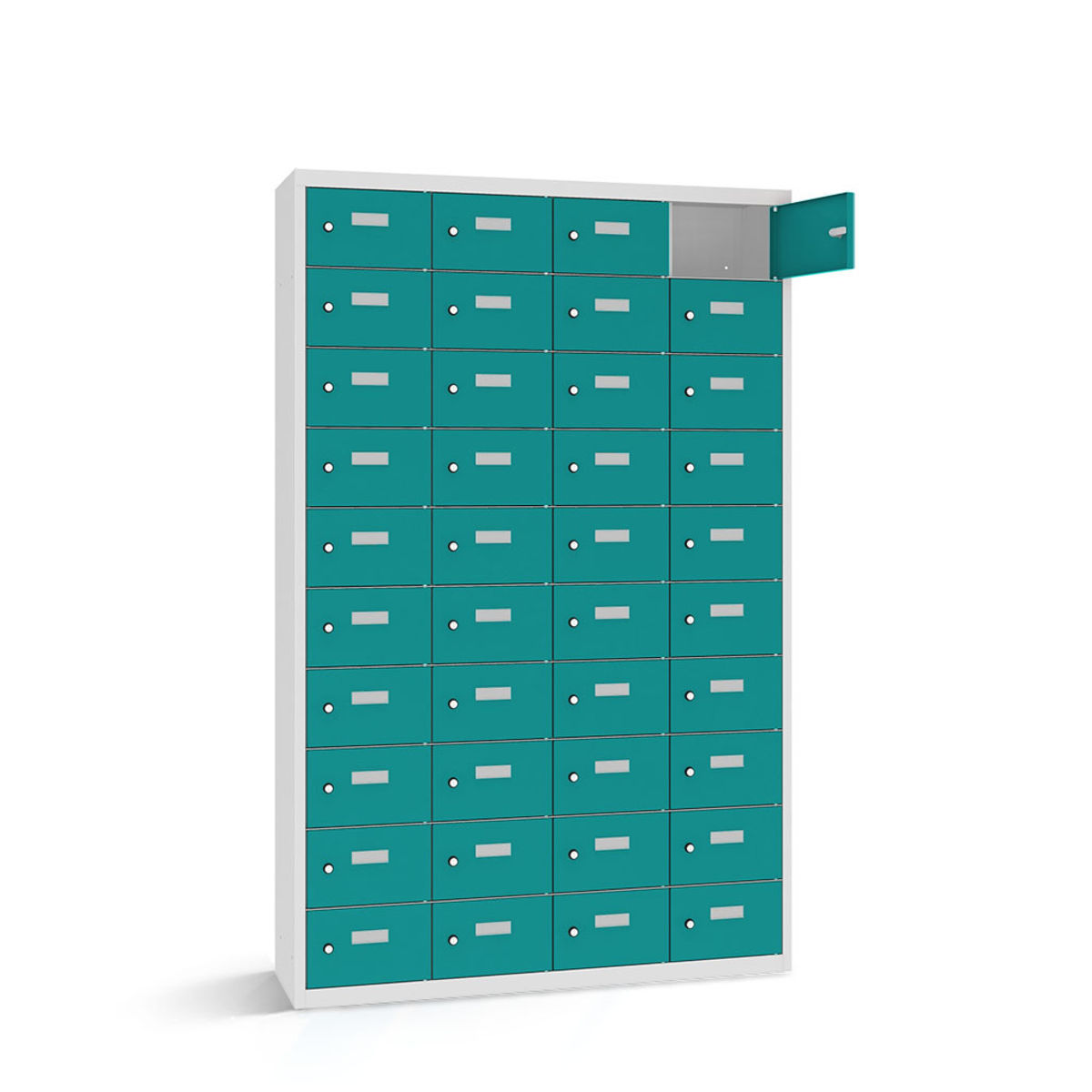 rotstahl Wertfachschrank 40 Fächer mit lichtgrauem Korpus 115x30x180 cm (BxTxH); türkis