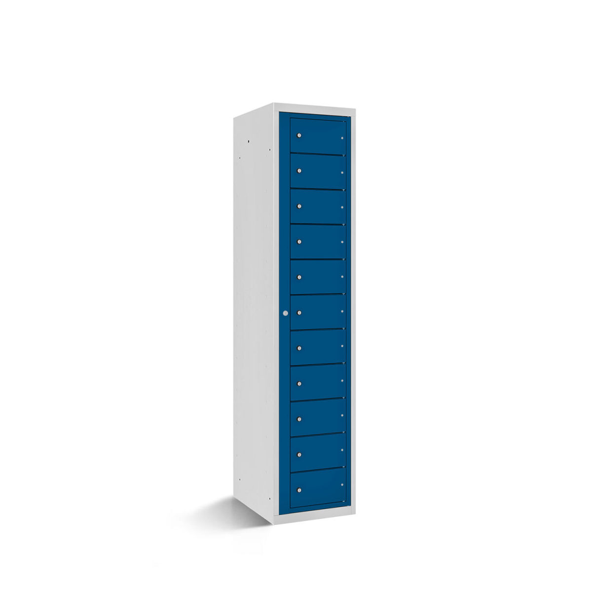 rotstahl Fächerschrank mit Zentraltür 11 Fächer mit lichtgrauem Korpus 40x50x180 cm (BxTxH); dunkelblau