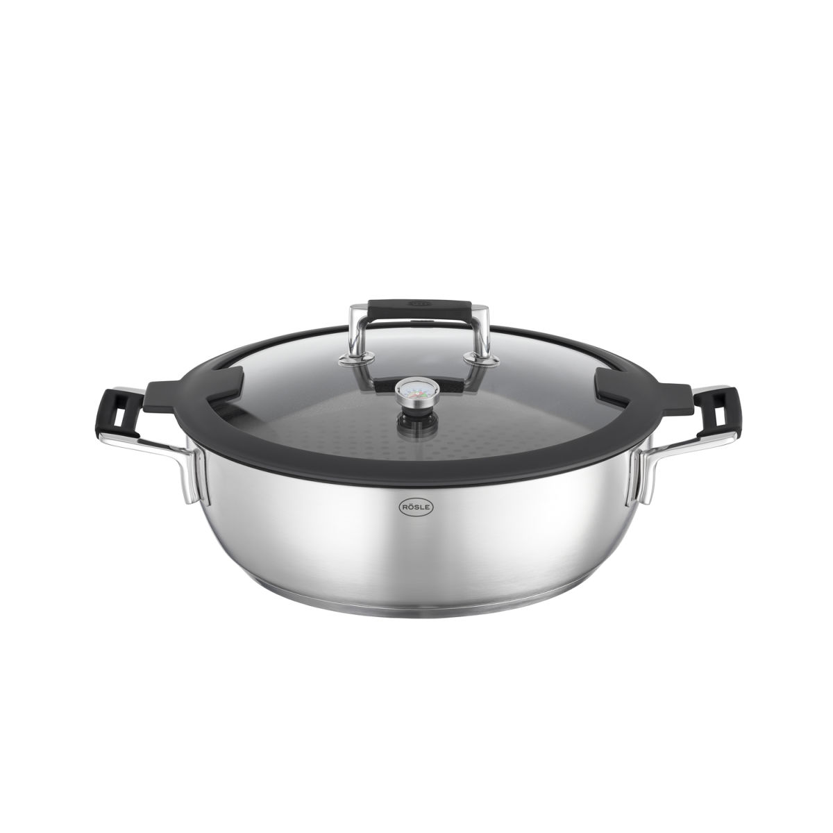 RÖSLE Schmorpfanne/Dampfgarer mit Deckel Ø 28cm Silence Pro 0.045 l, 39x29.5x16 cm (LxBxH); silber/schwarz; rund