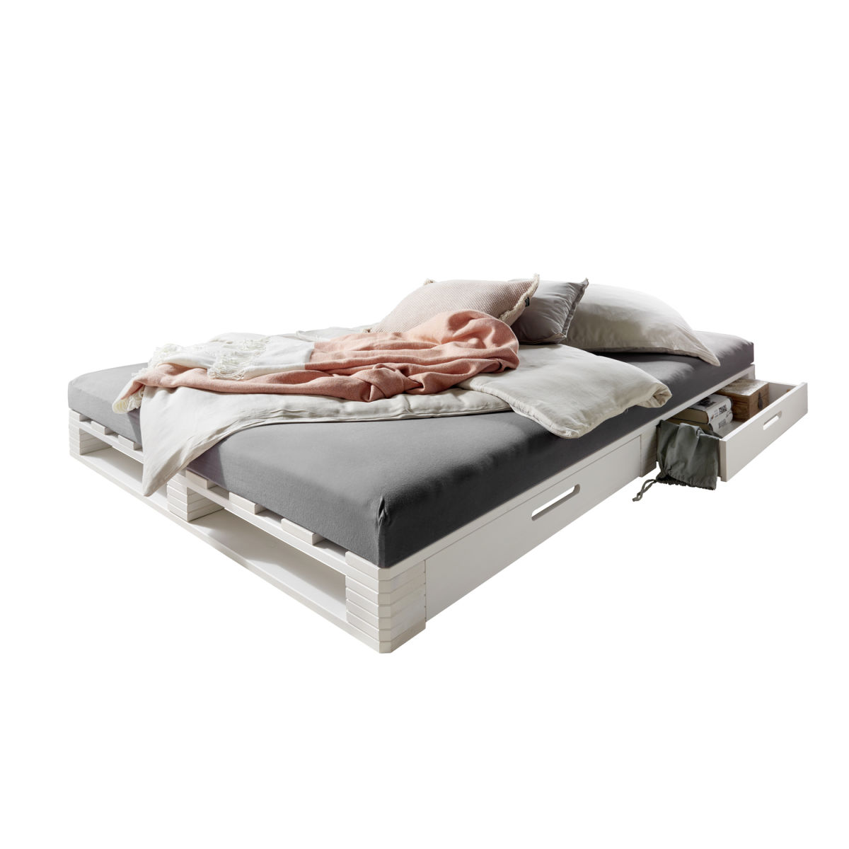 Infantil Infantil Palettenbett mit zwei Schubkästen 140 x 200 cm, Kiefer weiß 140x200x14 cm (BxLxH); natur