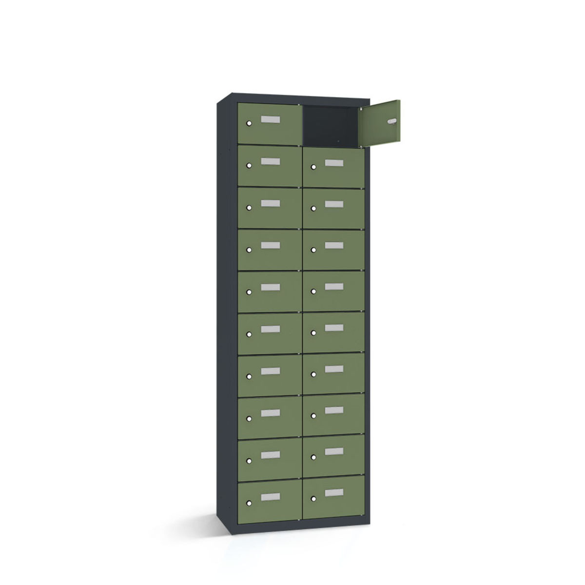 rotstahl Wertfachschrank 20 Fächer mit anthrazitgrauem Korpus 60x30x180 cm (BxTxH); hellgrün