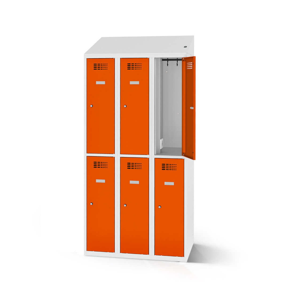 rotstahl Garderobenspind mit Ladefunktion 6 Türen mit lichtgrauem Korpus 90x200 cm (BxH); orange