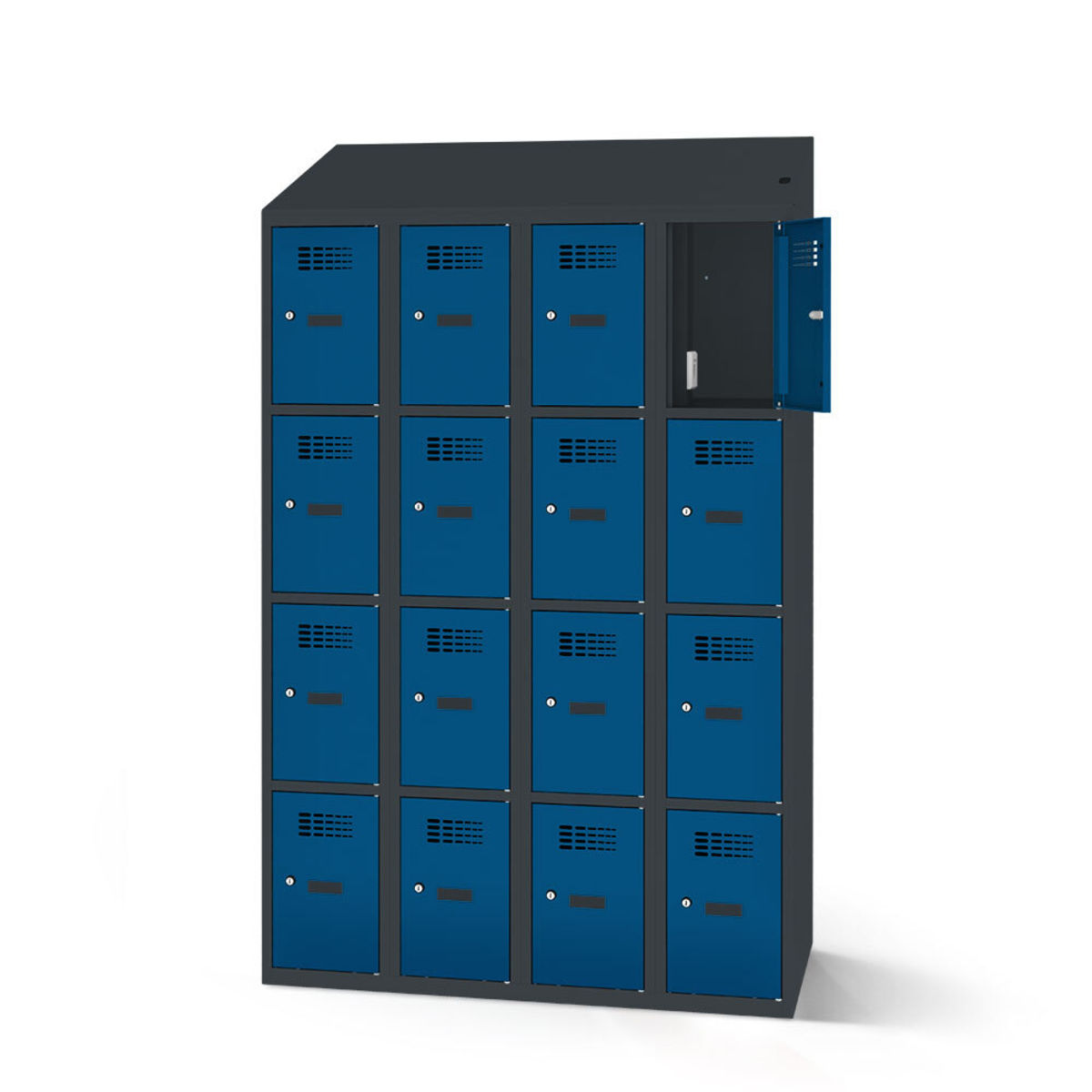 rotstahl Fächerschrank mit Ladefunktion 16 Fächer mit anthrazitgrauem Korpus 120x200 cm (BxH); dunkelblau
