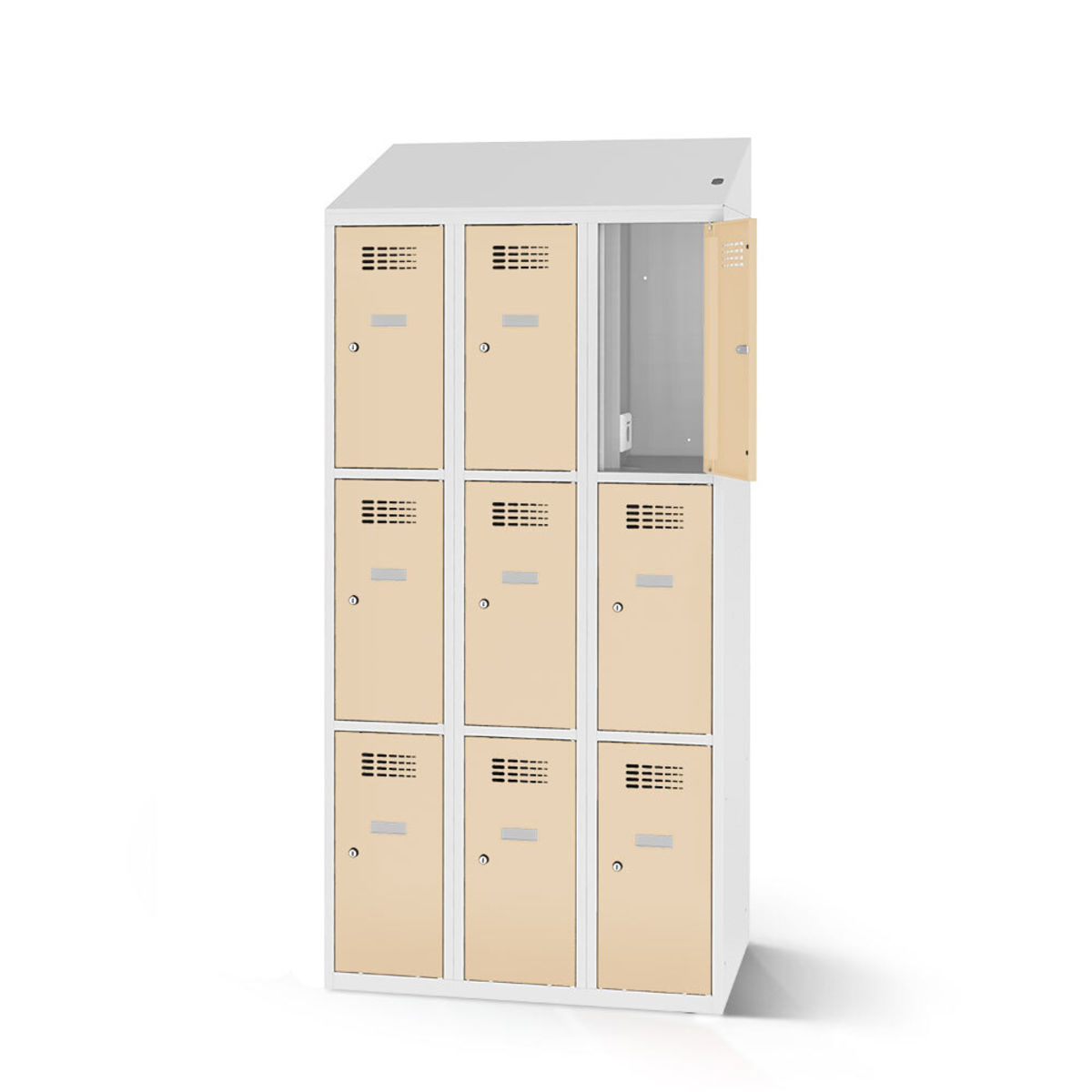 rotstahl Fächerschrank mit Ladefunktion 9 Fächer mit lichtgrauem Korpus 90x200 cm (BxH); elfenbein