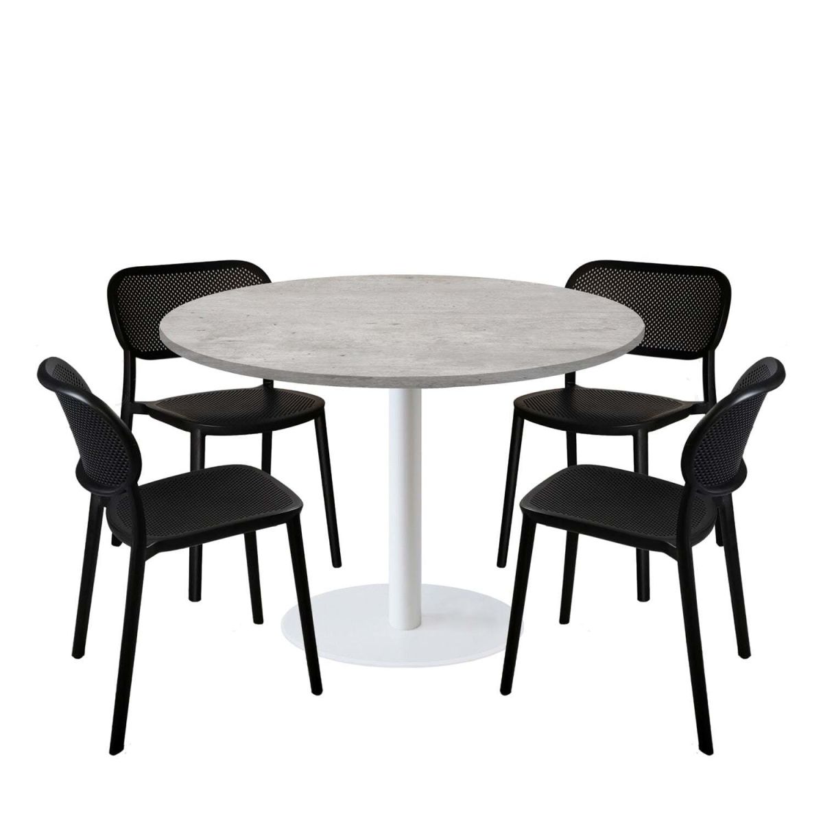 RestooTab Esstisch-Set Rome XL Gestell weiß mit 4 Stühlen - Dekor Stein 120x120x75x120 cm (LxBxHxØ); grau/beton; Gestell schwarz; rund