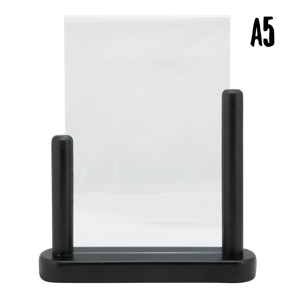 Porta-avvisi trasparente A4 - Verticale - Acrilico - Base in legno di faggio laccato nero - Doppio lato Securit; 6x20x23.5 cm (LxLxH); nero