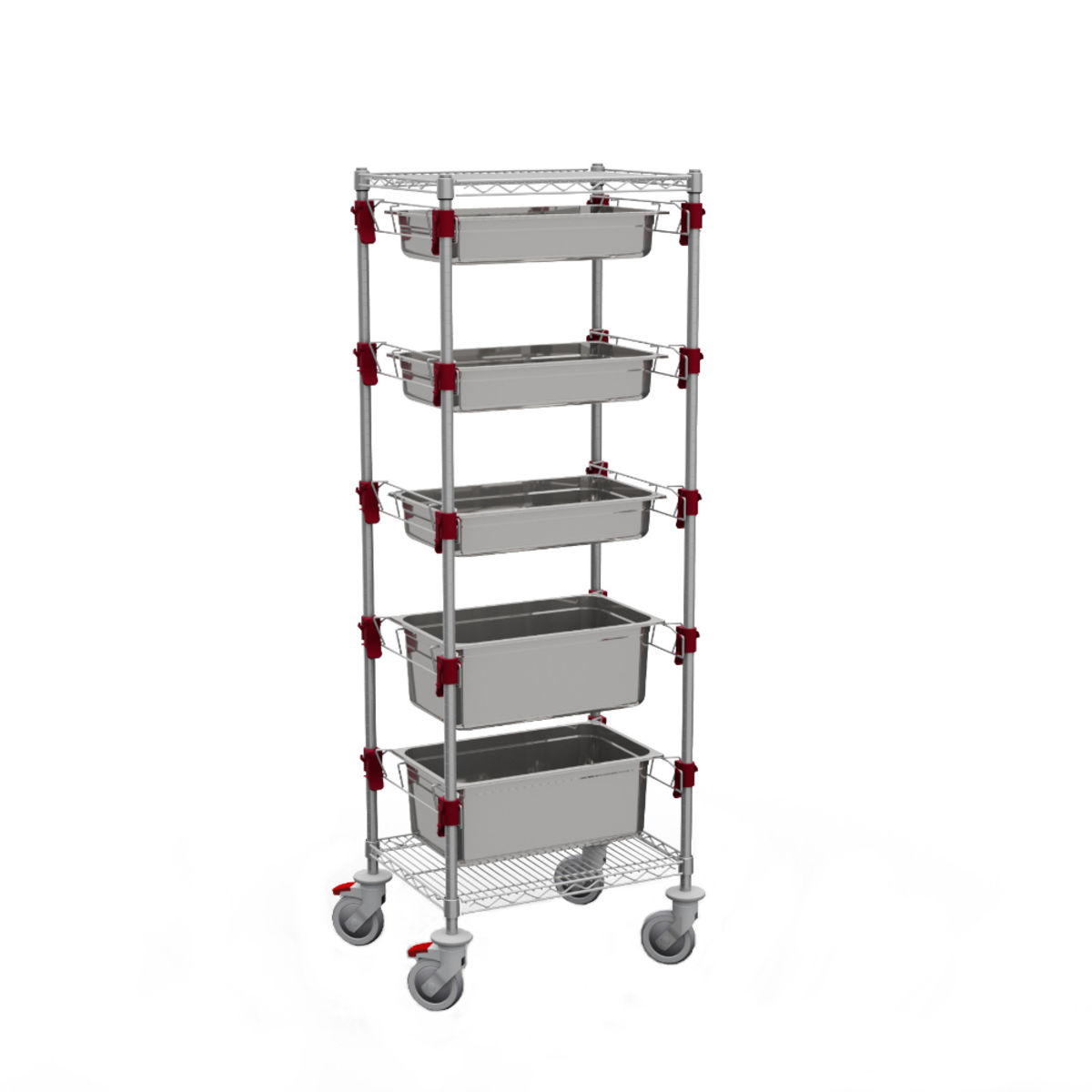 QUATRO Funktionaler hoher Küchenwagen mit höhenverstellbaren Schienen für GN - Behälter 61x45x175 cm (BxTxH); silber