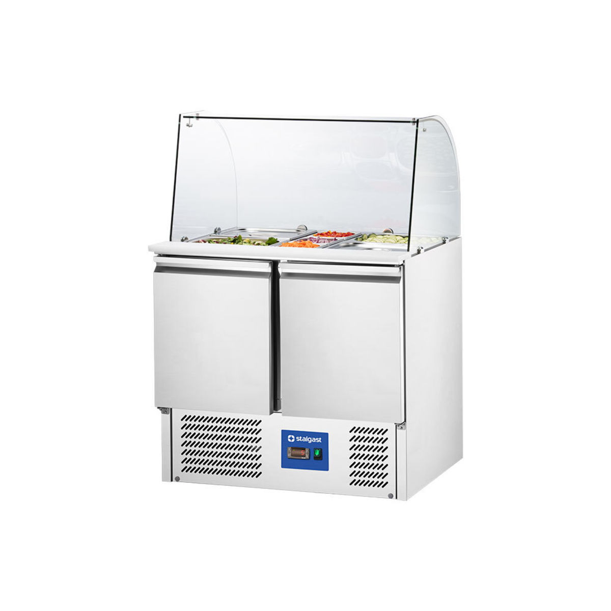 Stalgast STARLINE Saladette mit Glasaufsatz und zwei Türen, GN1/1, 240 L, ohne Aufkantung 90x130x70.5 cm (BxHxT); silber
