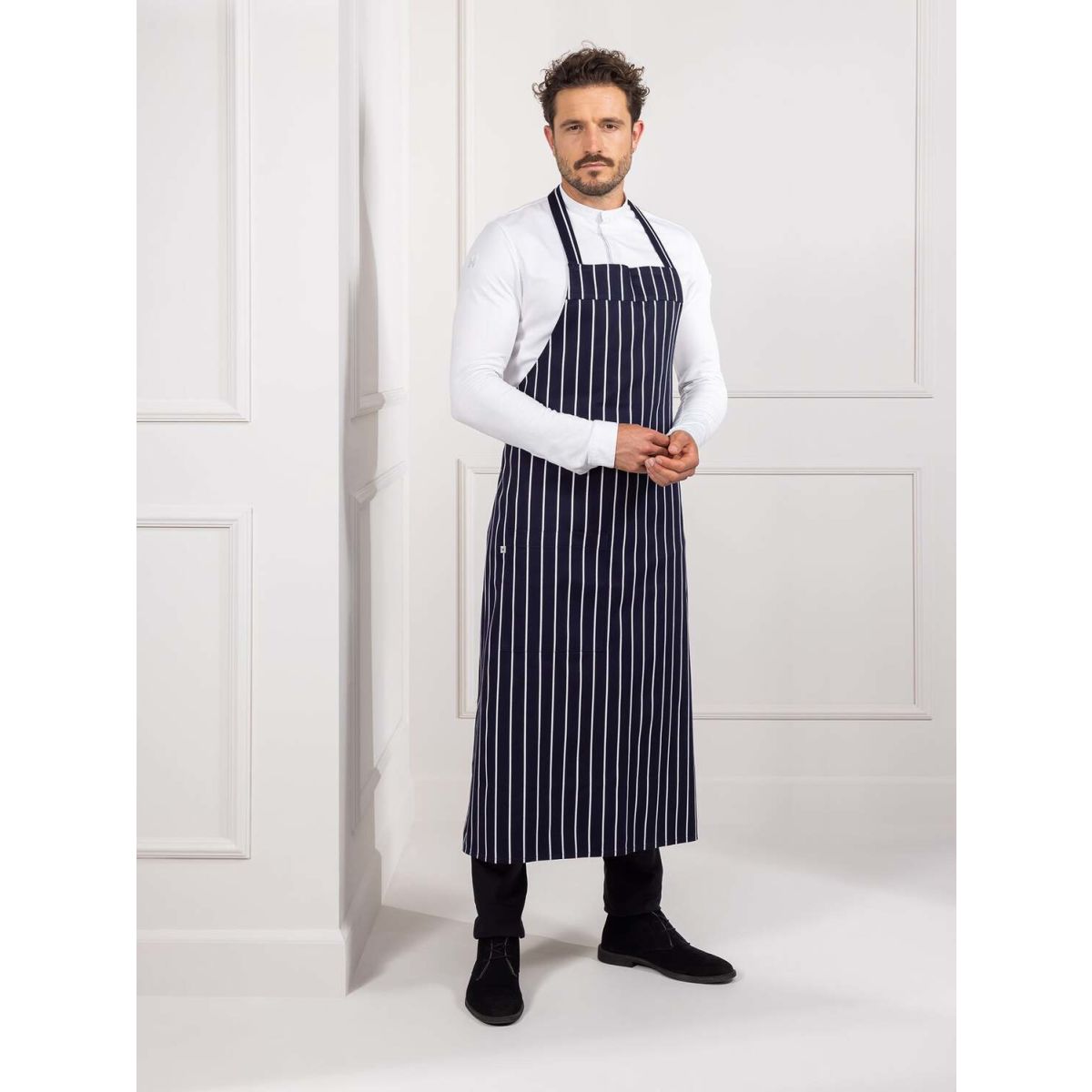 Le Nouveau Chef Peter Butcherstripe koksschort; 90x110 cm (LxB); blauw