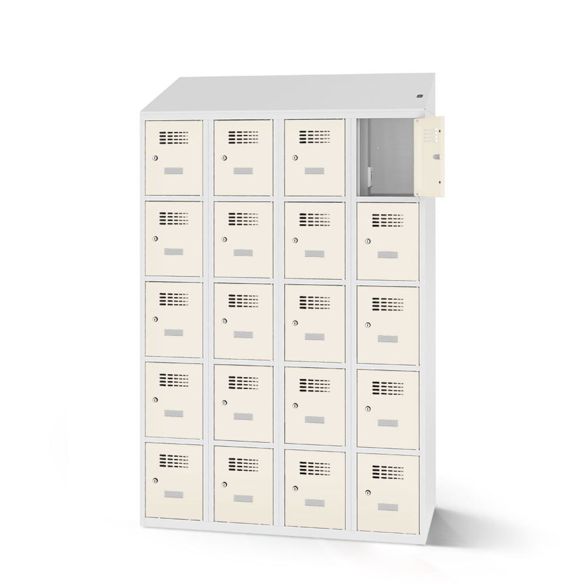 rotstahl Fächerschrank mit Ladefunktion 20 Fächer mit lichtgrauem Korpus 120x200 cm (BxH); weiß