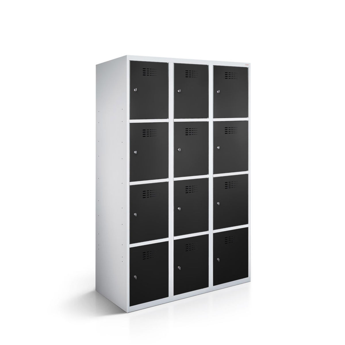 rotstahl Fächerschrank 12 Fächer 3x4 mit lichtgrauem Korpus 90x50x180 cm (BxTxH); schwarz