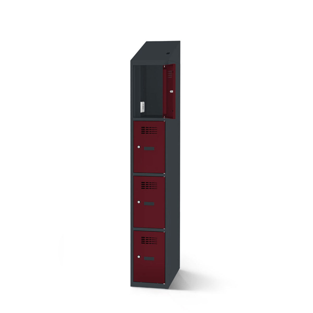 rotstahl Fächerschrank mit Ladefunktion 4 Fächer mit anthrazitgrauem Korpus 40x200 cm (BxH); bordeaux
