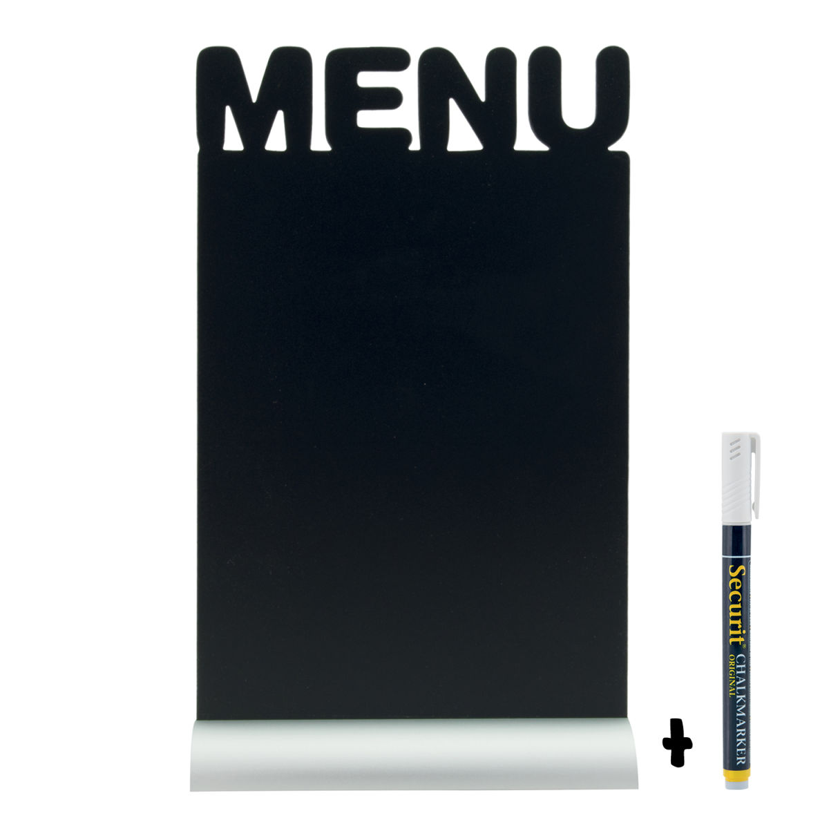 Lavagna da tavolo - Silhouette Menu - Base in alluminio - Pennarello a gesso incluso Securit; 21x33.5 cm (LxH); nero