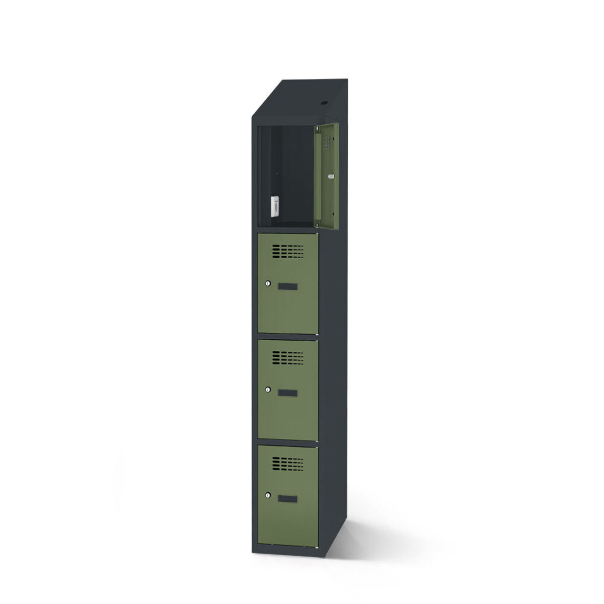 rotstahl Fächerschrank mit Ladefunktion 4 Fächer mit anthrazitgrauem Korpus 30x200 cm (BxH); hellgrün
