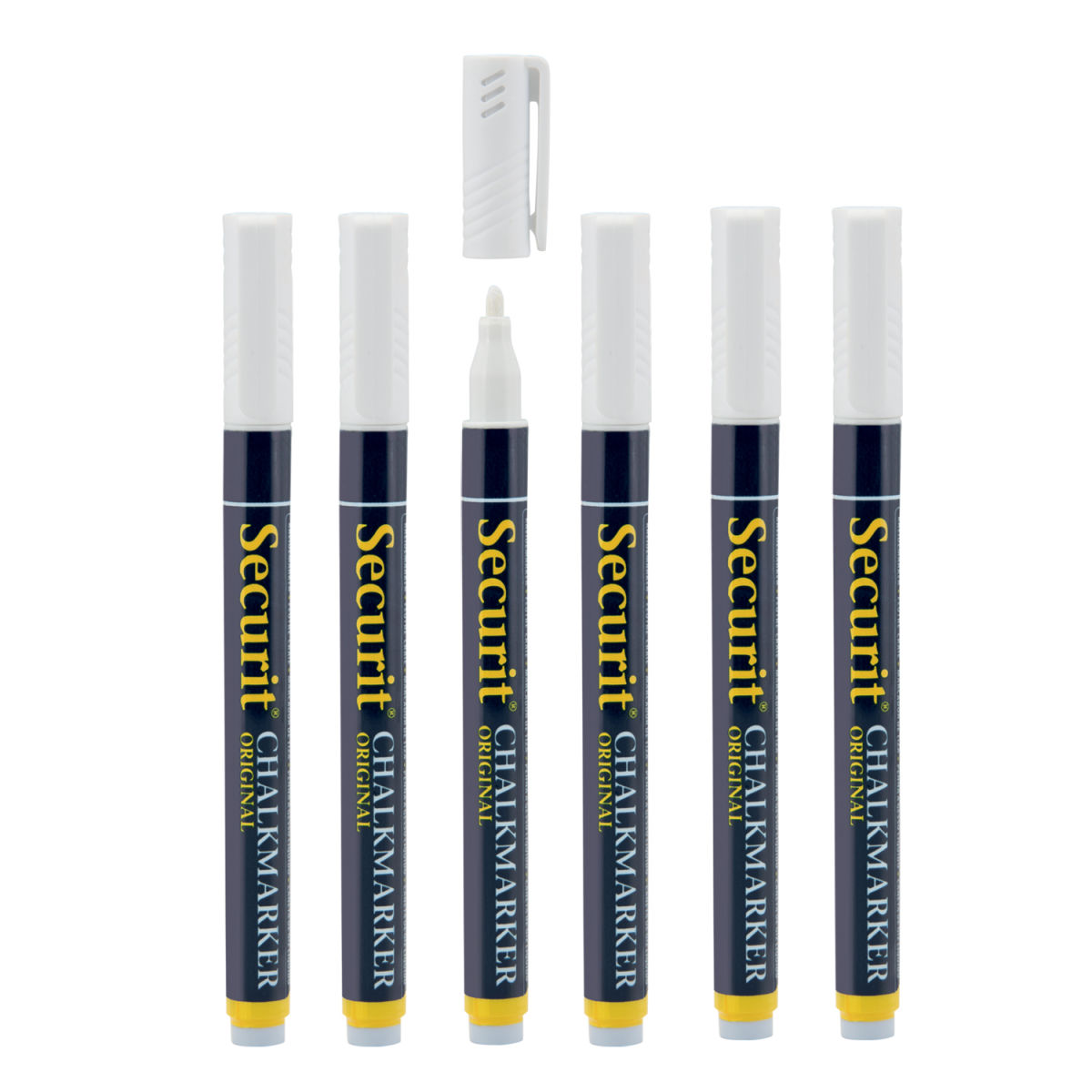 Set da 7 pennarelli a gesso liquido – Bianchi – Punta tonda 1–2 mm Securit; 1.5 cm (L), lunghezza carattere 15 mm; bianco
