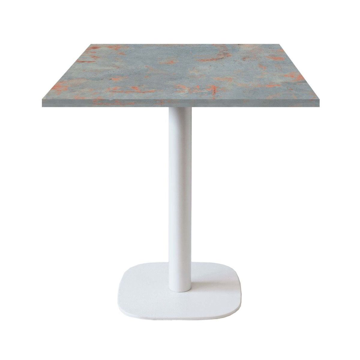 RestooTab Tisch Round quadratisch Gestell weiß - Dekor Stein 70x70x75 cm (LxBxH); Platte metall verrostet, Gestell weiß; quadratisch