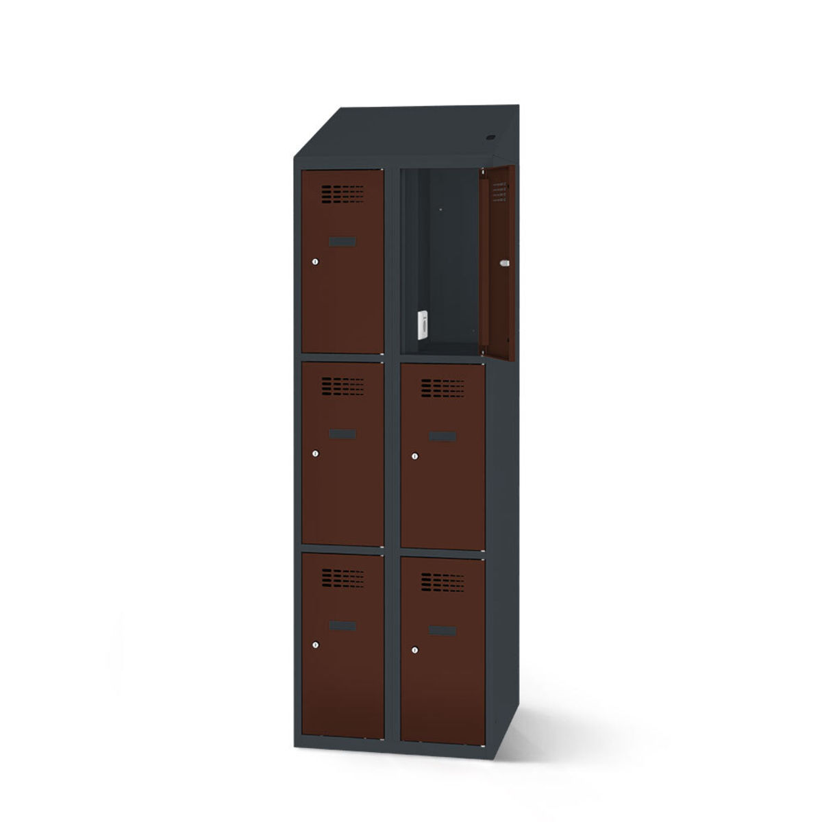 rotstahl Fächerschrank mit Ladefunktion 6 Fächer mit anthrazitgrauem Korpus 80x200 cm (BxH); mahagoni