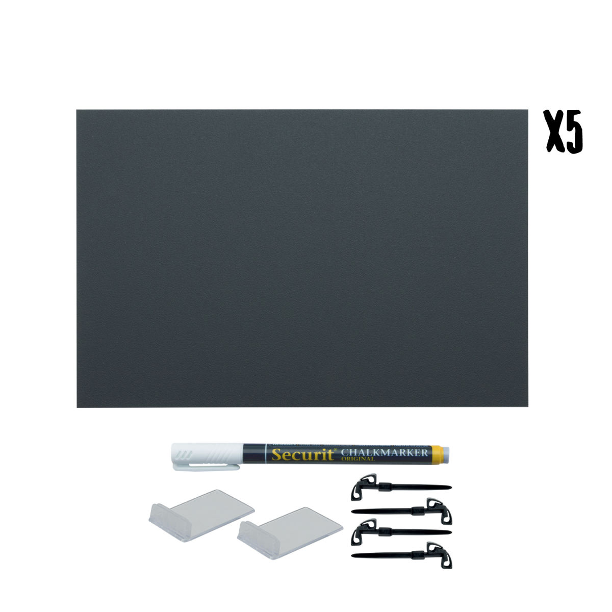 Set di 5 Lavagnette da Tavolo Tags A4 - Nero - Pennarello gesso bianco e accessori inclusi Securit; 21x29.5 cm (LxH); nero