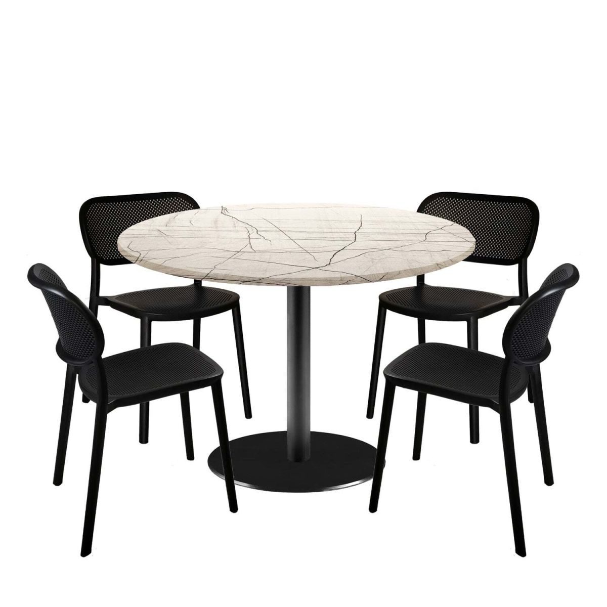 RestooTab Esstisch-Set Rome XL mit 4 Stühlen - Dekor Stein 120x120x75x120 cm (LxBxHxØ); wollweiß/grau/marmoriert; Gestell schwarz; rund