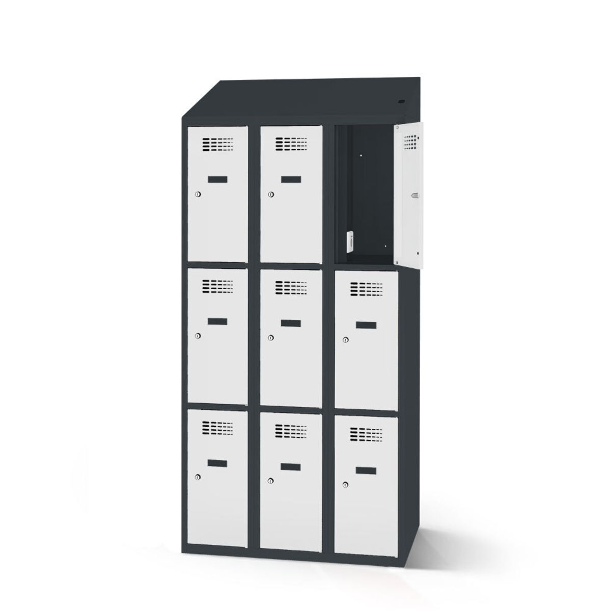rotstahl Fächerschrank mit Ladefunktion 9 Fächer mit anthrazitgrauem Korpus 90x200 cm (BxH); hellgrau