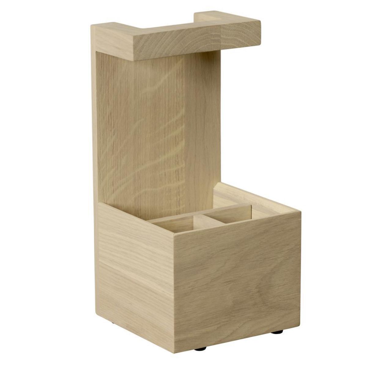 APS Table Caddy -VALO- 15 x 15 cm, H: 31 cm Höhe ohne Griff: 13 cm Eichenholz (geölt) mit Antirutsch-Füßchen 2 kleine Fächer: 6 x 6 cm 1 großes Fach: 6 x 13 cm; 15x15x31 cm (LxBxH); braun