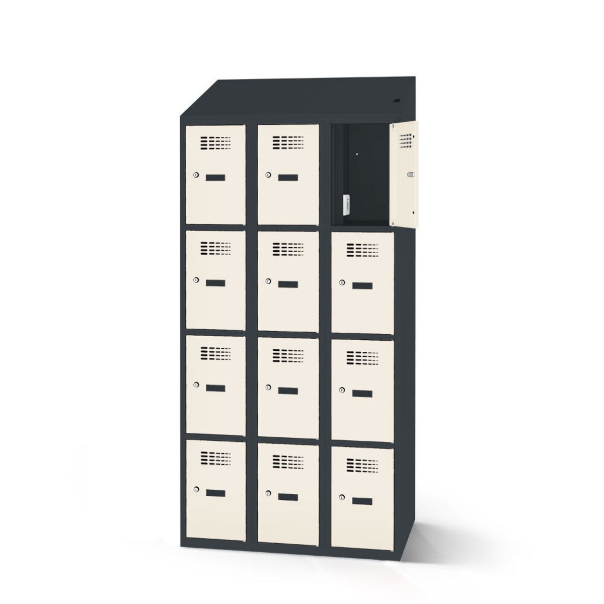 rotstahl Fächerschrank mit Ladefunktion 12 Fächer 3x4 mit anthrazitgrauem Korpus 90x200 cm (BxH); weiß