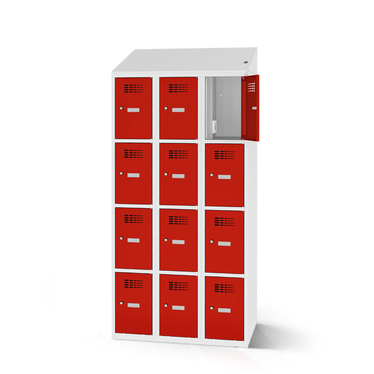 rotstahl Fächerschrank mit Ladefunktion 12 Fächer 3x4 mit lichtgrauem Korpus 90x200 cm (BxH); rot