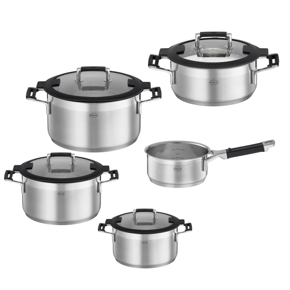 RÖSLE Topf-Set 5-tlg Silence Pro silber/schwarz/transparent