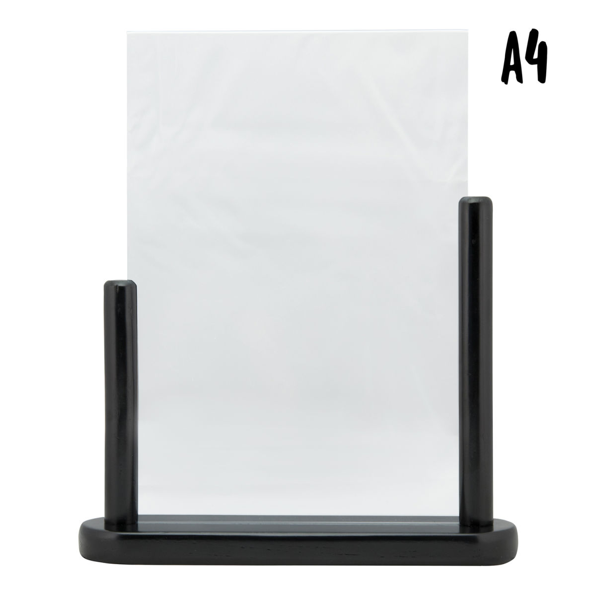 Porta-avvisi trasparente A4 - Verticale - Acrilico - Base in legno di faggio laccato nero - Doppio lato Securit; 7x27x32 cm (LxLxH); nero