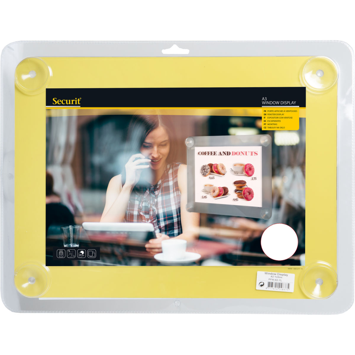 Porta-poster A3 per vetrina - Grigio - Con 4 ventose - Doppio lato Securit; 52x39.5 cm (LxH); giallo