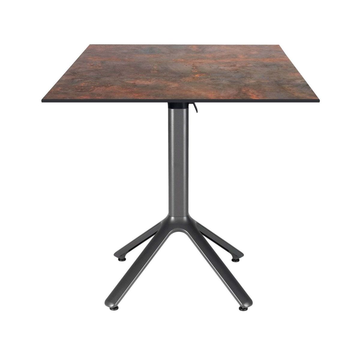 Tavolo pieghevole Nemo da esterno 70x70 RestooTab; 70x70x74 cm (LxLxH); Piano tavolo metallo arrugginito, struttura grigio scuro; quadrata