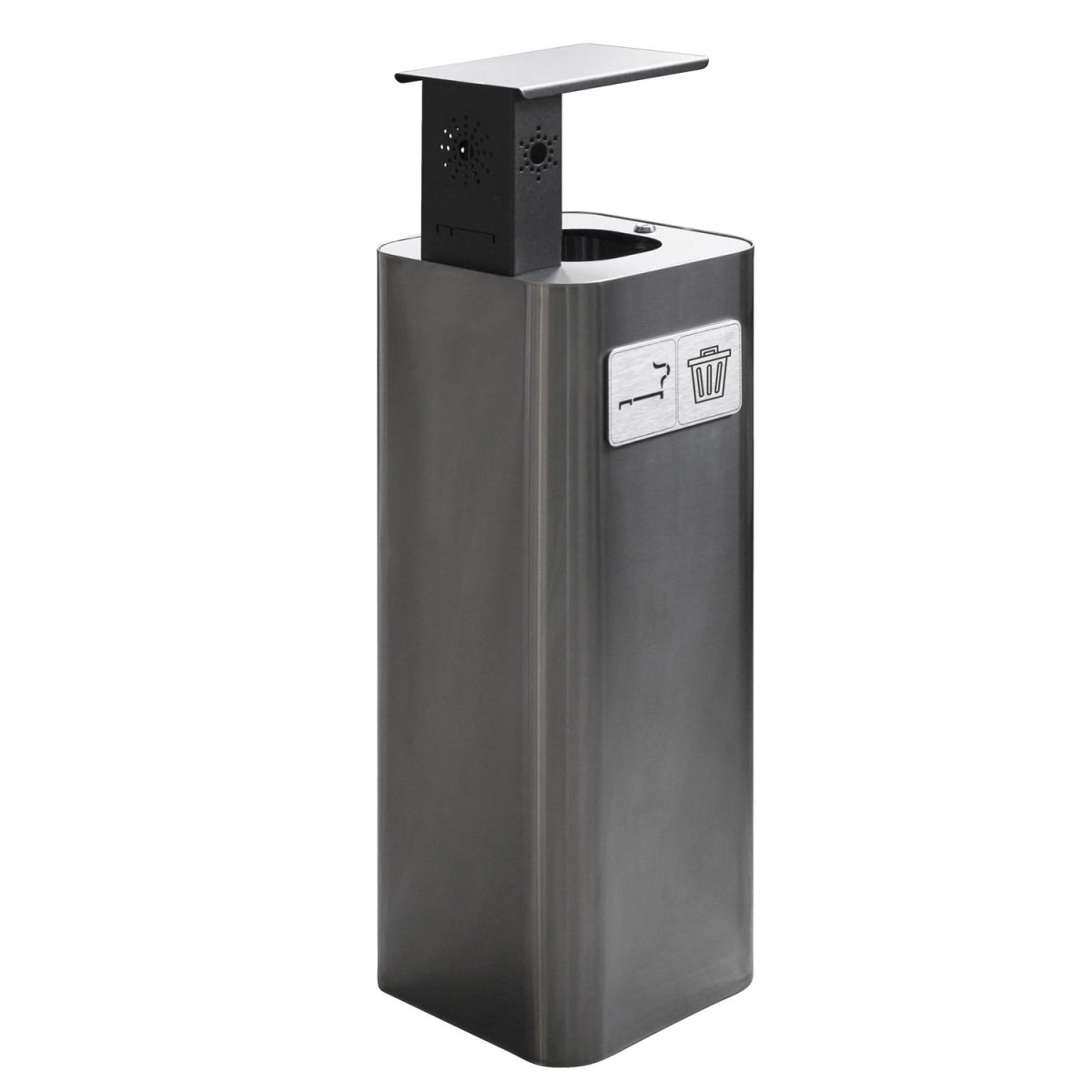 STIL CASA Stil Casa Abfallbehälter mit Aschenbecher, Edelstahl, Deckel, Alu-Piktogramm, poliert. 60 l, 31.2x31.2x87.5 cm (LxBxH); edelstahl; rechteckig