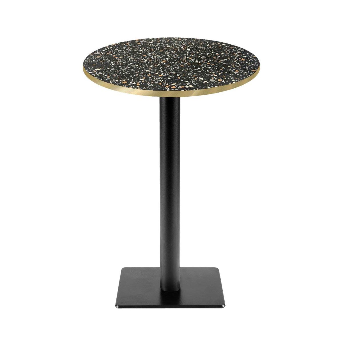 Tavolo alto Milano-T rotondo - laminato pietra RestooTab; 113x60 cm (HxØ); nero/terazzo/ottone; rotonda