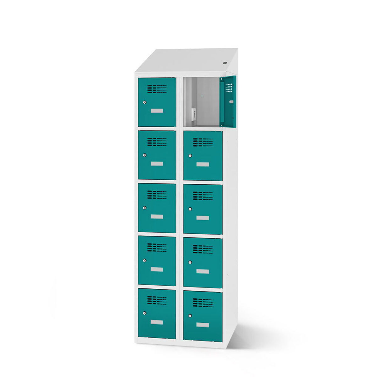 rotstahl Fächerschrank mit Ladefunktion 10 Fächer mit lichtgrauem Korpus 60x200 cm (BxH); türkis
