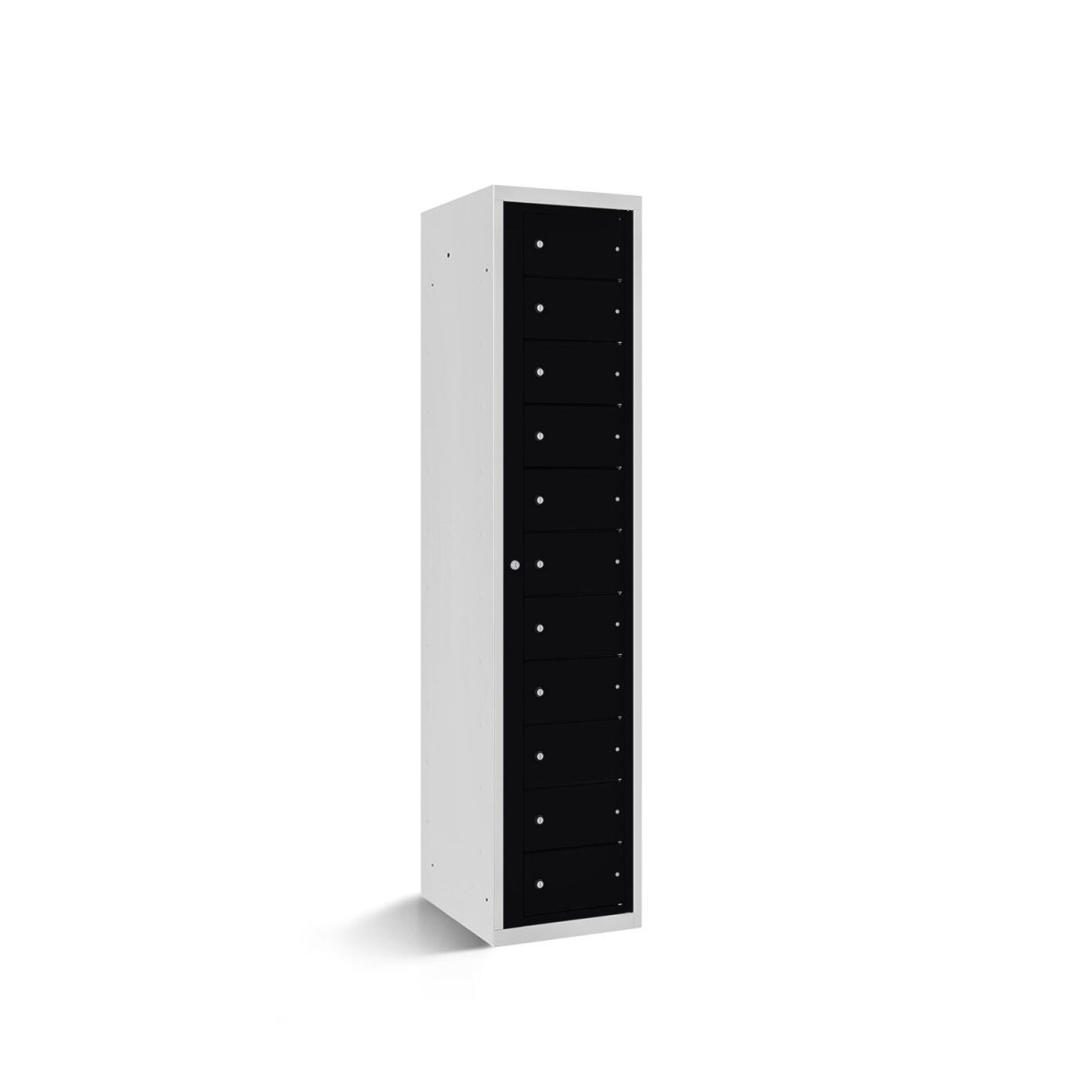 rotstahl Fächerschrank mit Zentraltür 11 Fächer mit lichtgrauem Korpus 40x50x180 cm (BxTxH); schwarz