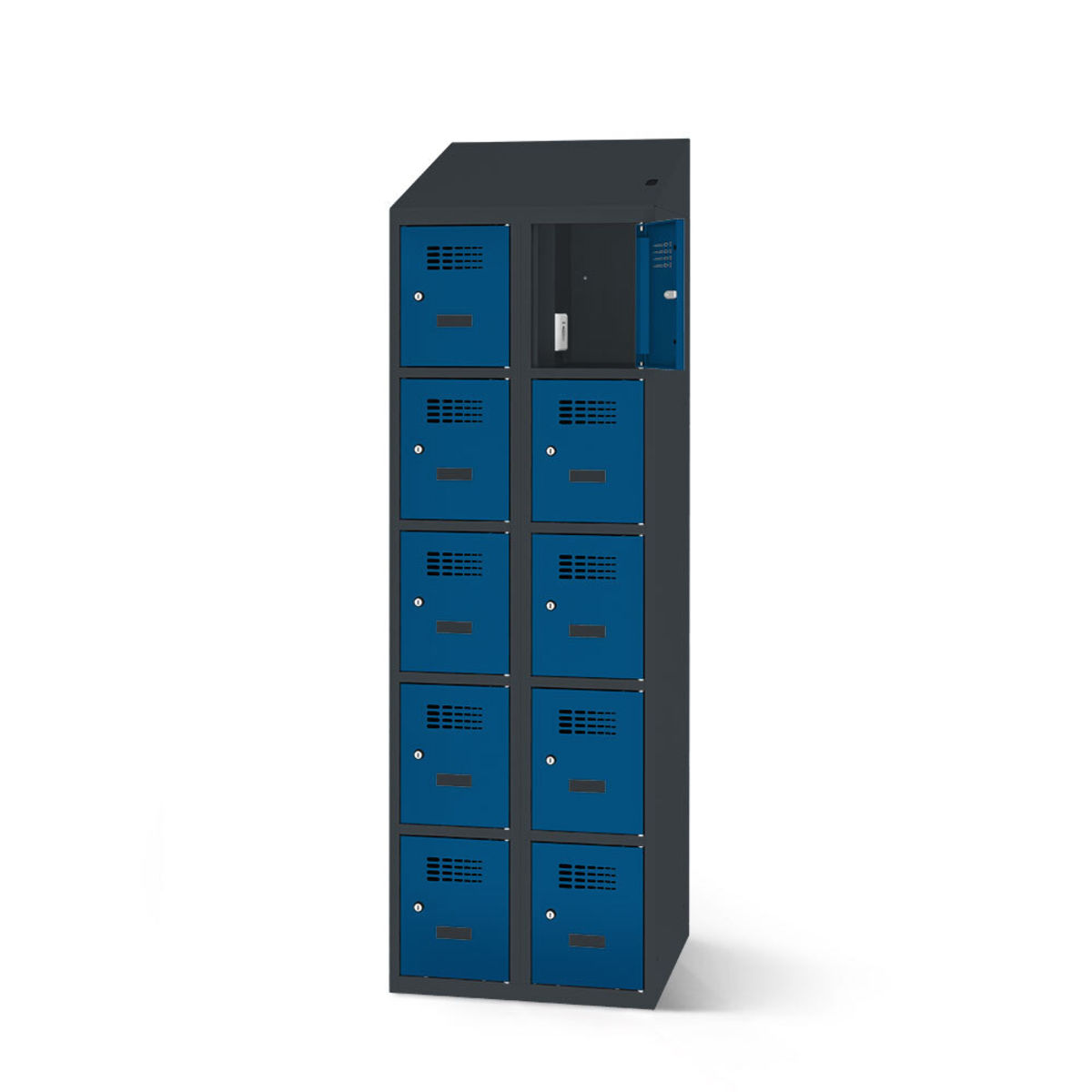 rotstahl Fächerschrank mit Ladefunktion 10 Fächer mit anthrazitgrauem Korpus 60x200 cm (BxH); dunkelblau