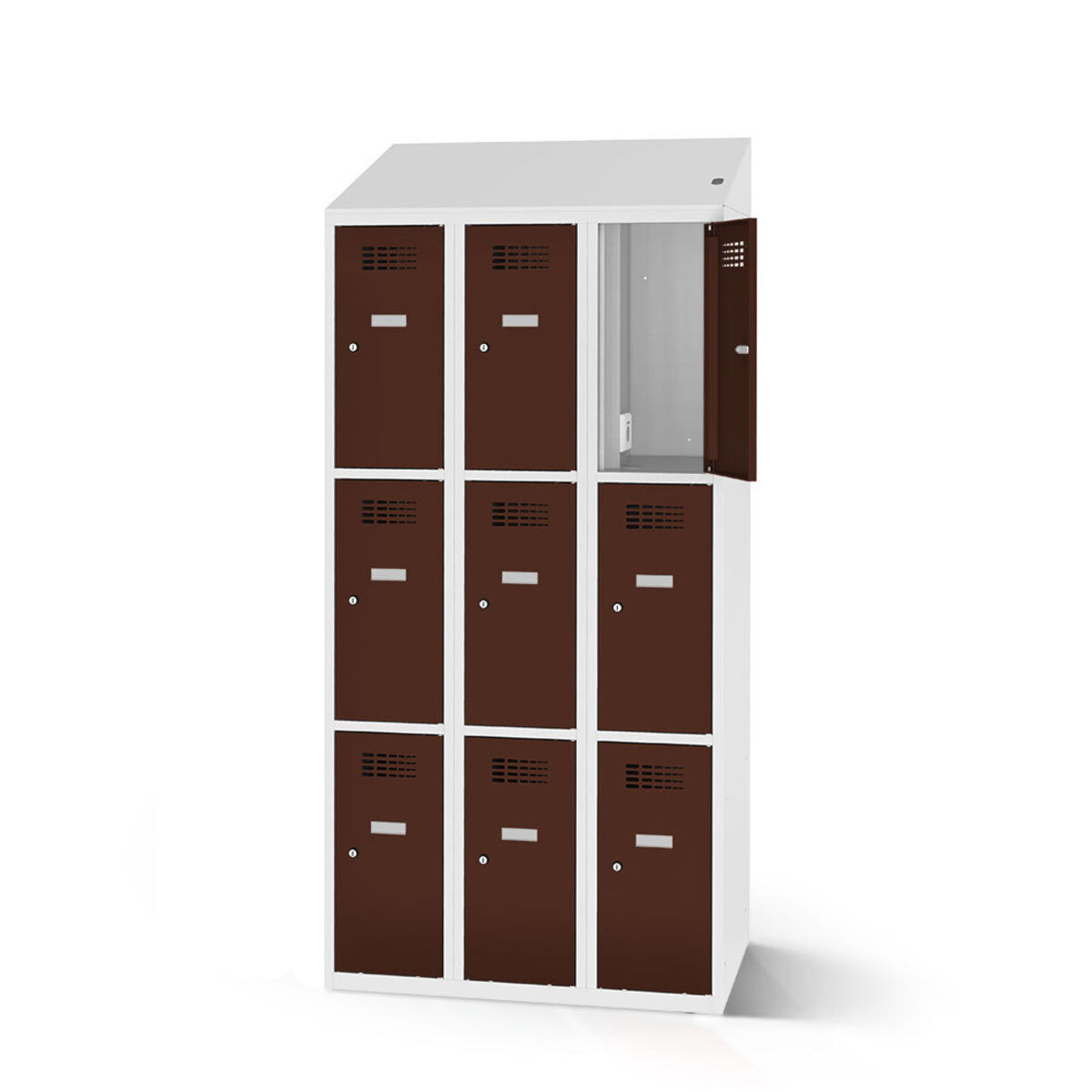 rotstahl Fächerschrank mit Ladefunktion 9 Fächer mit lichtgrauem Korpus 90x200 cm (BxH); mahagoni